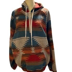 Southwestern Aztec Print Hoodie Pullover Half Zip, Size Medium, Boho, Baja